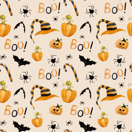Halloween pumpkin with traditional lollipops, bat and witch hat watercolor painting seamless pattern. Creepy autumn holiday drawing for trick and treat nightの写真素材