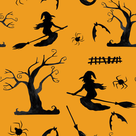 Halloween creepy tree and witch on broom with spiders watercolor illustration seamless pattern. Horror autumn holiday drawingの写真素材
