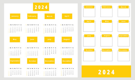 Vector calendar for 2024 year design with simple graphic for office planning with months and weeks. Annual daily organizer templateのイラスト素材