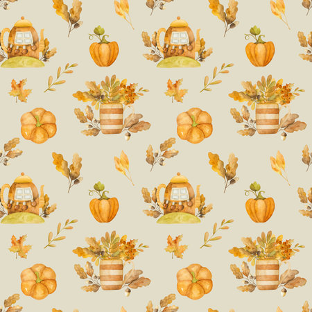 Autumn leaves in kettle house with pumpkin watercolor drawing seamless pattern. Fall season foliage aquarelle paintingの写真素材