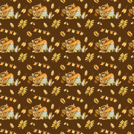 Cute autumn dwarf with mushrooms, arcons and leaves harvest watercolor painting seamless pattern. Fall season cartoon gnome with foliageの写真素材