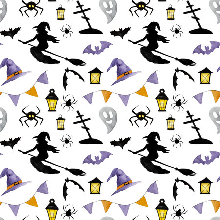 Halloween creepy tree and witch on broom with spiders watercolor illustration seamless pattern. Horror autumn holiday drawingの写真素材