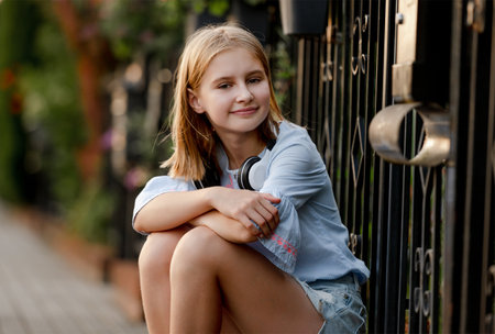Pretty preteen child girl sitting near fence at city street and looking at camera. Cute female kid outdoors summer portraitの写真素材