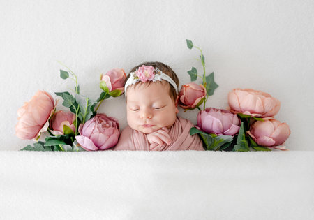Adorable newborn baby girl sleeping in peony flowers. Cute infant child kid sleeping in pink plants wearing wreathの写真素材