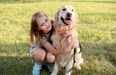 Cute preteen child girl hugging golden retriever dog at nature. Pretty kid with purebred doggy pet labrador at parkの写真素材