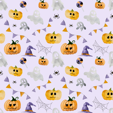 Halloween pumpkin with ghost watercolor painting seamless pattern. Creepy autumn holiday drawing for trick and treat night wit orange vegetableの写真素材