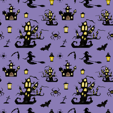 Halloween tree house with ghosts, bats and witches watercolor art seamless pattern. Creepy autumn holiday drawingの写真素材