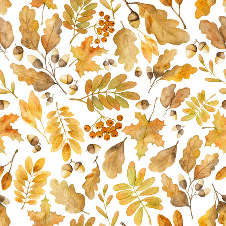 Autumn oak and maple leaves watercolor drawing seamless pattern. Fall season foliage and tree berries aquarelle paintingの写真素材