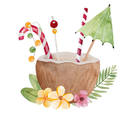 Caribbean merry christmas watercolor painting with coconut coctail and xmas festive decoration. Tropical beach new year drink with lollipops candiesの写真素材