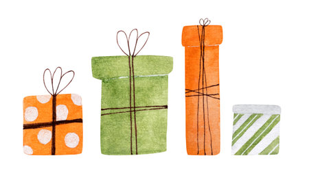 Traditional Christmas gift boxes with ribbon watercolor painting. Festive presents for new year and xmasの写真素材