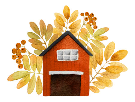Autumn cartoon house with oak leaves, mushrooms and acorns watercolor painting. Fall teapot home with foliage decorationの写真素材