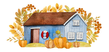 Autumn cartoon house with oak leaves, mushrooms and acorns watercolor painting. Fall teapot home with foliage decorationの写真素材
