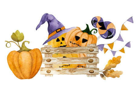 Halloween wooden box with pumpkins and lollipop watercolor art. Autumn creepy holiday illustration with orange vegetables and candiesの写真素材