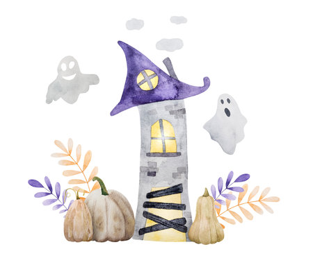 Halloween house with ghost and pumpkin watercolor art. Creepy autumn holiday drawing with mystery homeの写真素材