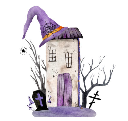 Halloween house with bats and lollipops watercolor art. Creepy autumn holiday drawing with mystery ghost homeの写真素材