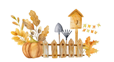 Pumpkin autumn harvest with wooden fence and autumn leaves watercolor painting. Fall illustration with orange haloween vegetable and garden toolsの写真素材