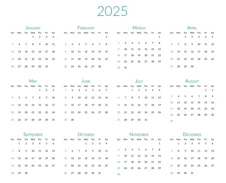 2025 year calendar. The week starts on Sunday. Desk planner template with 12 months. Yearly stationery diary. Vector illustrationのイラスト素材
