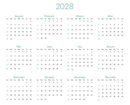 2028 year calendar. The week starts on Sunday. Desk planner template with 12 months. Yearly stationery diary. Vector illustrationのイラスト素材