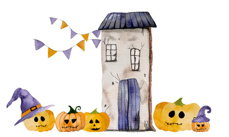 Halloween art watercolor illustration with ghost house and pumpkin for postcard decoration. Spooky autumn holiday drawingの写真素材