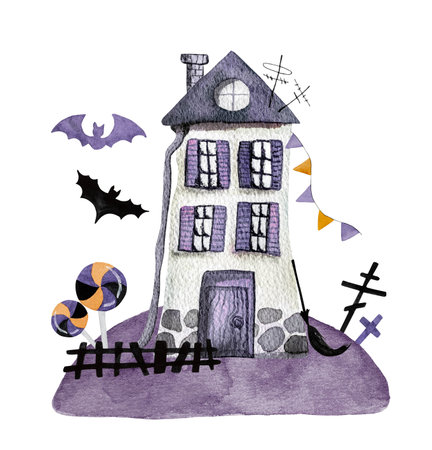 Halloween house with bats and lollipops watercolor art. Creepy autumn holiday drawing with mystery ghost homeの写真素材