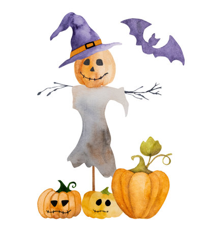 Halloween spooky scarecrow with pumpkin head and bats watercolor painting for postcard design. Creepy autumn holiday illustrationの写真素材