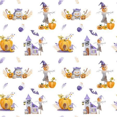 Halloween pumpkin with traditional lollipops, bat and witch hat watercolor painting seamless pattern. Creepy autumn holiday drawing for trick and treat nightの写真素材