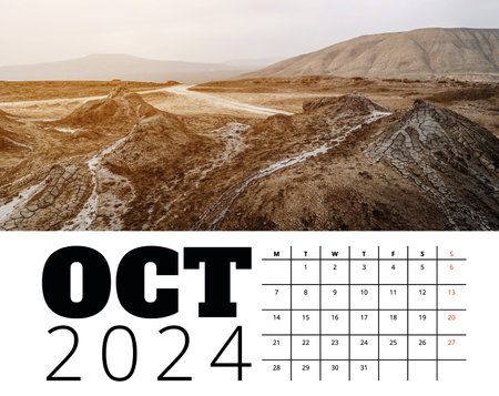 Print calendar template 2024 october month with mud volcanoes of Gobustan illustration, Azerbaijan. Planer design for personal and business useの写真素材