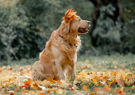 Golden retriever dog resting in autumn Park. Purebred doggy pet labrador lying in nature with tonque outの写真素材