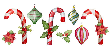 Watercolor Illustration Captures Christmas Candies And Tree Ornaments Beautifullyの写真素材