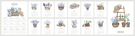 Handmade Watercolor Illustrations Of Lavender From Provence Feature In The 2024 Calendar For 12 Monthsの写真素材