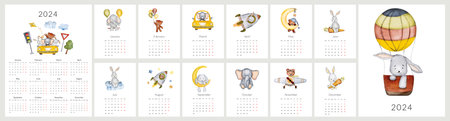 Handmade Watercolor Illustrations For A 2024 Calendar Featuring 12 Months Of ChildrenS Illustrationsの写真素材