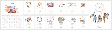 Handmade Watercolor Boho Illustrations Feature In The 2024 Calendar Spanning 12 Monthsの写真素材