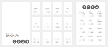 2024 calendar template with handmade watercolor illustrationsのイラスト素材