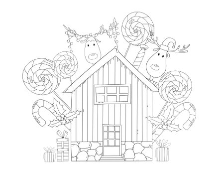 Sweet Little House With Christmas Gifts, Decorations, Candies, And SantaS Reindeer Is A Festive Illustration For Children To Colorのイラスト素材