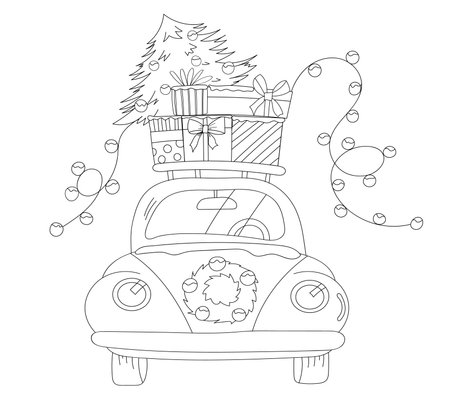 New YearS Car With Gifts On The Roof And A Christmas Tree Is A Festive Illustration For Children To Colorのイラスト素材
