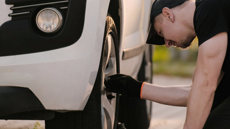 Mechanic Repairs Car, Working Diligently To Unscrew Wheel Boltの写真素材