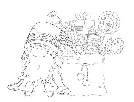 SantaS New Year Bag Filled With Gifts And Candies And A Christmas Gnome Make A Festive Illustration For Children To Colorのイラスト素材