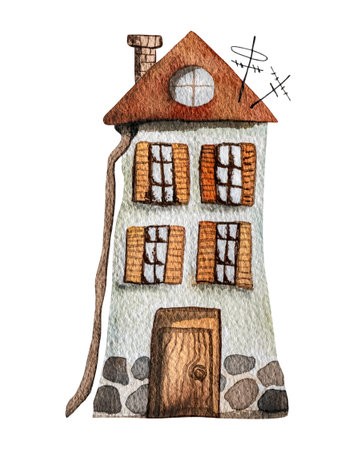 Watercoor house building with cute illustration. Home exterior design for postcardsの写真素材