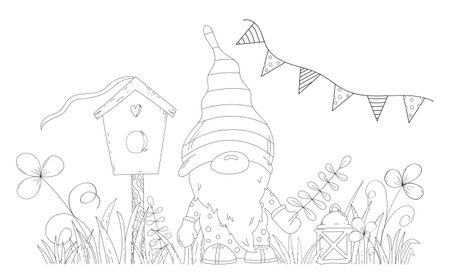 Coloring Book For Kids Features An Illustration Of A Gnome In Spring Near A Birdhouse, Perfect For A Coloring Pageのイラスト素材