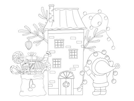 Coloring Book Features An Illustration Of A Christmas Gnome Decorating A House With Garland, With A Bag Of Gifts Standing Nearby On The Coloring Pageのイラスト素材