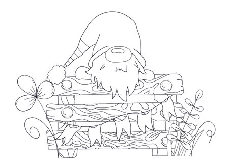 Coloring Pag Is A Fun Coloring Book Featuring A Cheerful Gnome Peeking Out Of A Wooden Box In A Gardenのイラスト素材