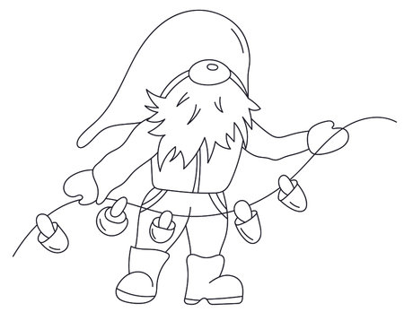 Coloring Page For Kids Featuring A Cheerful Gnome Stringing Mushrooms To Dry Themのイラスト素材