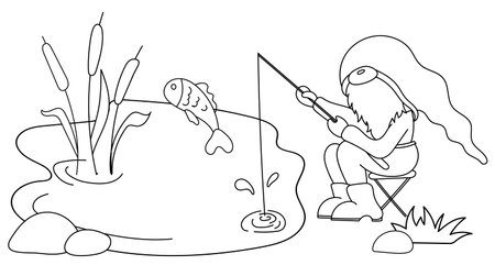 Coloring Page For Kids: Cheerful Gnome Catches Fish In Pond For A Fun Coloring Book Experienceのイラスト素材