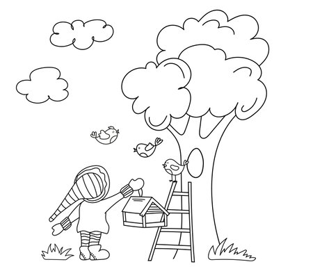 Coloring Page For Kids Features A Cheerful Gnome Hanging A Bird Feeder On A Tree, With Birds Flying Around, Perfect For A Coloring Bookのイラスト素材