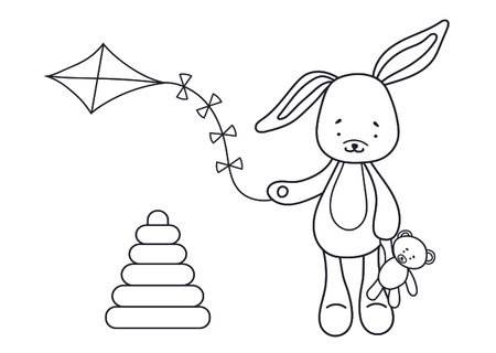 Coloring Page For Kids Featuring A Bunny With A Kite Standing Near A Pyramid, Perfect For ChildrenS Creativity, And Is A Vector Illustration Coloring Bookのイラスト素材