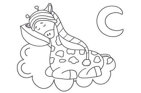 Coloring Page For Kids Featuring A Sleeping Giraffe In A Cap On A Cloud Pillow, Perfect For ChildrenS Creativity, And Comes As A Vector Illustration In A Coloring Bookのイラスト素材