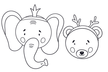 Coloring Page For Kids Featuring A Crowned Elephant And A Horned Bear Preparing For A Masquerade, Making It An Ideal Coloring Book For ChildrenS Creativity, Presented As A Vector Illustrationのイラスト素材