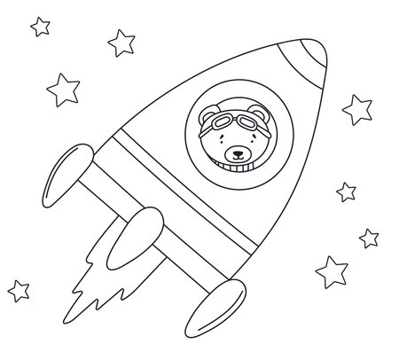 Coloring Page For Kids: Bear Flying In A Rocket Among Stars, For ChildrenS Creativity Is An Engaging Coloring Book For Children Featuring Vector Illustrations Of A Bear Flying In A Rocket Among Starsのイラスト素材