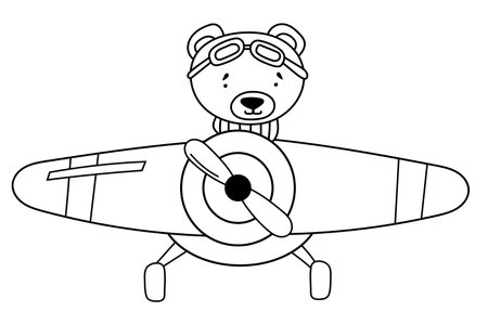 Coloring Page For Kids: Bear Pilot Flying An Airplane, For ChildrenS Creativity, Creative Coloring Book Featuring Vector Illustrations For ChildrenS Creativityのイラスト素材
