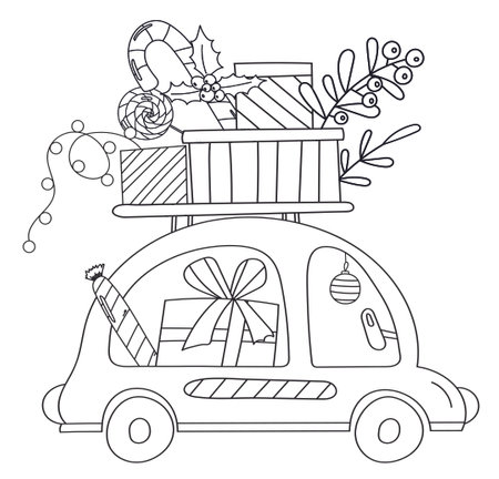 Coloring Page A Festive Illustration Of A Car Carrying Gifts And Candies For Christmas, Is A Creative Coloring Book For Childrenのイラスト素材